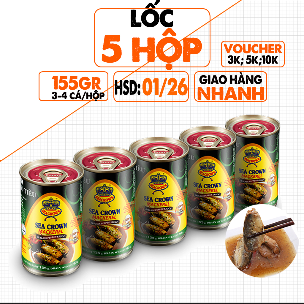 Combo 05 Hộp Cá Nục Kho Tiêu Seacrown, Lon 150g, Vị Cay, Thơm, Bùi, Dùng Ăn Ngay, Date 01/2026