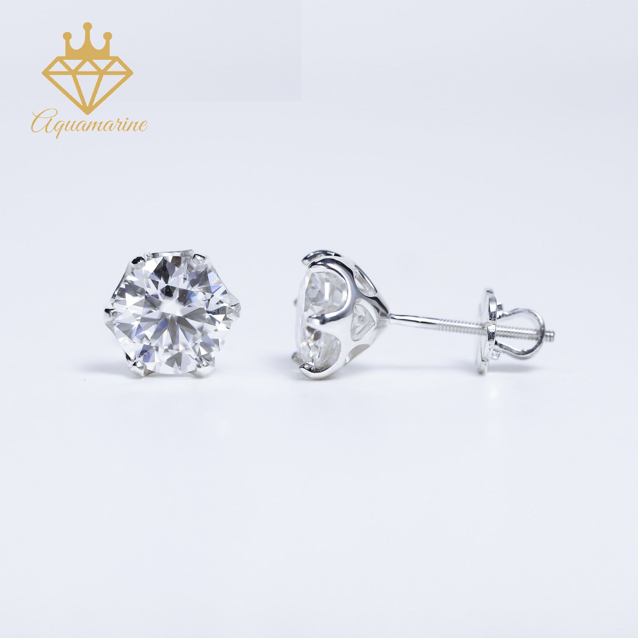 Bông tai kim cương nhân tạo Moissanite 8.1 ly kiểm định GRA bạc xi bạch kim SEE075 (6 chấu)