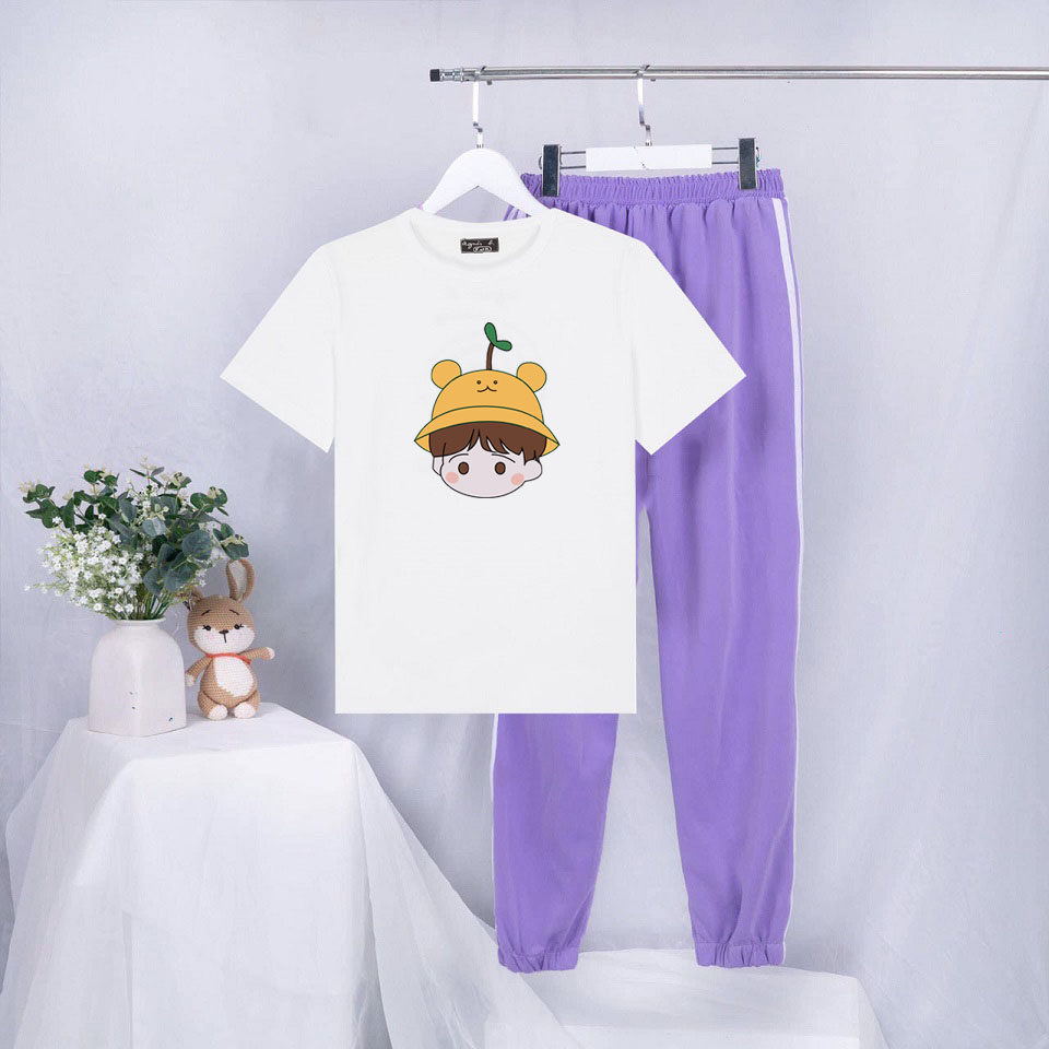 Sét Bộ Đồ Quần Áo Nữ Mùa Hè Mặc Đi Chơi Dạo Phố Cá Tính, Áo Thun Phông Cotton Organic Ngắn Tay Cổ Tròn Mát Mịn In 3D Cậu Bé Mũ Mầm Dễ Thương Mix Quần Thun Bo Gấu