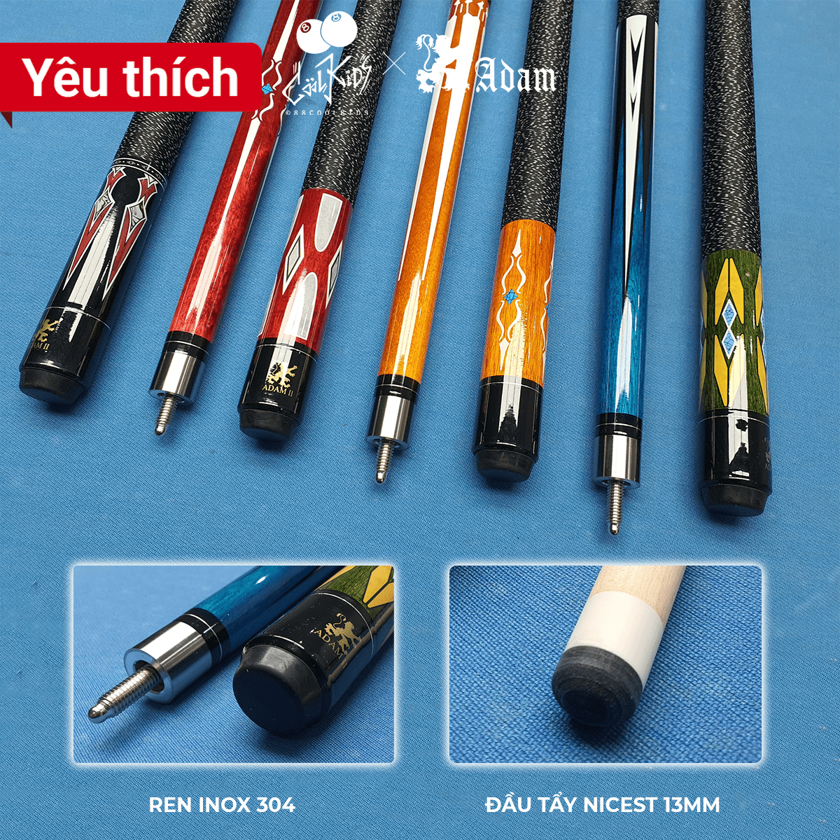 Cơ bida lỗ adam japan ii - gậy bi-a cá nhân tiêu chuẩn gỗ phong nguyên khối tự nhiên 500g lên sẵn tẩy nicest 13mm