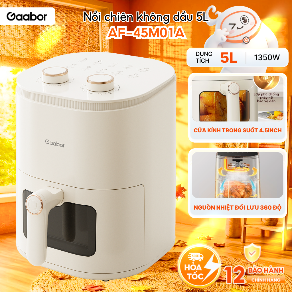 Nồi chiên không dầu Gaabor AF-45M01A 5L 1350W mặt kính trong suốt vừa gà 1.5kg điều chỉnh nhiệt độ hẹn giờ - Bảo hành 12 tháng