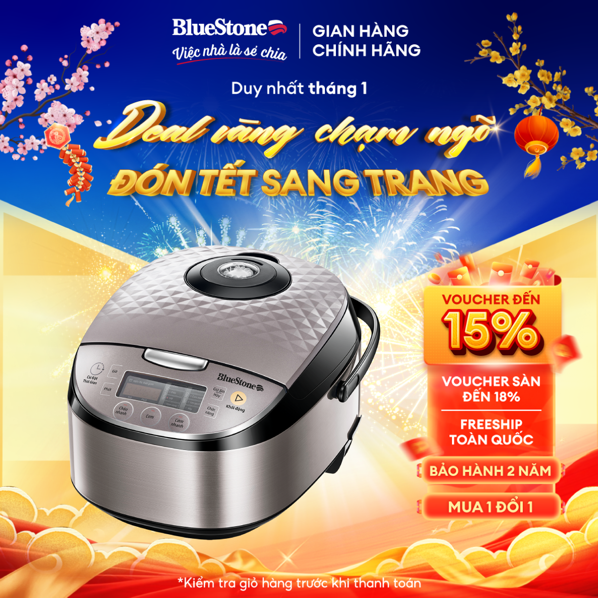 Nồi Cơm Điện Tử BlueStone RCB-5938 - 1.8 Lít - 760W - Lòng nồi hợp kim nhôm 5 lớp chống dính - 10 chế độ nấu - Bảo hành 2 năm - Hàng chính hãng