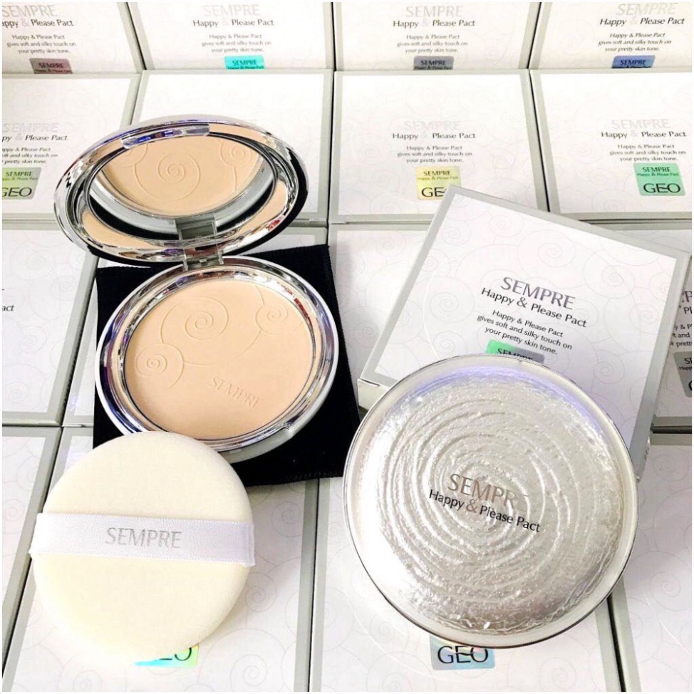 Phấn phủ dạng nén geo ngọc trai sempre happy & please pact- phấn phủ siêu mịn hàn quốc