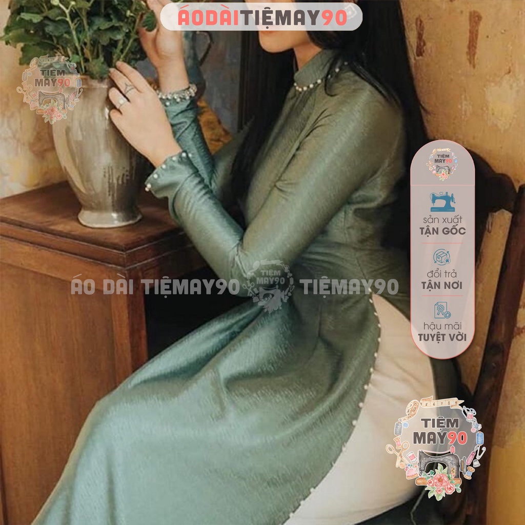 Áo dài cô dâu truyền thống lụa vân gỗ Tiệm 90 may sẵn cổ cao tay dài đính ngọc chùa dự tiệc cưới hỏi lễ tết đẹp AD90146