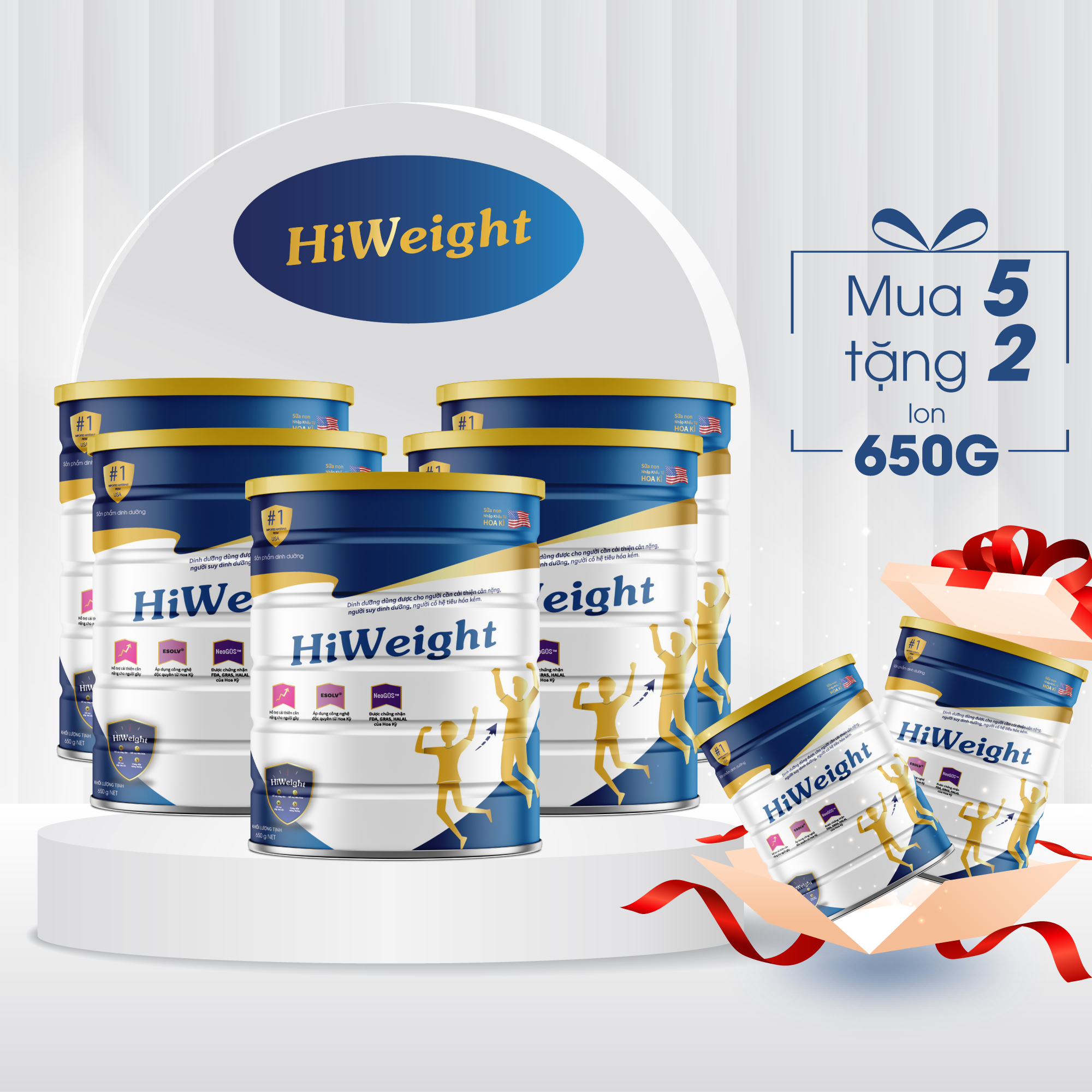 Combo 5 tặng 2 sữa bột tăng cân HiWeight 650g hỗ trợ cải thiện hệ tiêu hóa, tăng khả năng hấp thụ dinh dưỡng , không tích nước