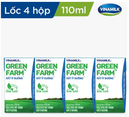 Sữa Tươi Tiệt Trùng Vinamilk Green Farm ít đường - Hộp 110ml