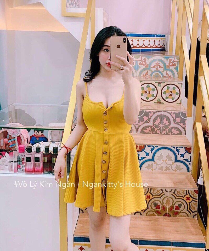Đầm xòe 2 dây đính nút cực hot tại x79
