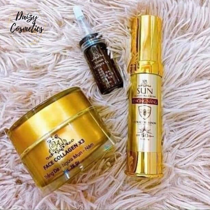 Combo Dưỡng da kem Face Collagen X3 kèm Serum Dưỡng và Kem chống nắng Collagen X3 Hàng chính hãng mỹ phẩm Đông Anh - Daizy Cosmetics AF19- Kem dưỡng trắng da giảm thâm nám tàn nhang, serum dưỡng da làm trắng cấp ẩm