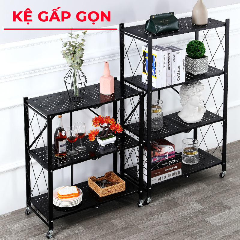 Kệ Đựng Đồ Đa Năng Gấp Gọn - Kệ Gấp 3/4/5 Tầng - Kệ nhà bếp, kệ trang trí, giá để sách - Sức Chứa Gấp 2,5 Lần - Gấp Siêu Mỏng Chỉ 8 Cm - Có Bánh Xe Xoay 360 Độ - Giá để đồ sơn đen tĩnh điện 3 lớp