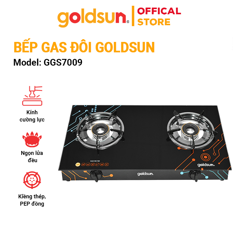 Bếp gas dương Goldsun GGS7009, Bếp ga đôi Goldsun, Đầu đốt từ đồng thau hạn chế bào mòn, Tiết kiệm gas