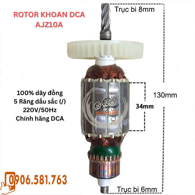 (Hàng DCA) Rotor khoan DCA AJZ10A 5 răng Thân 34mm Dài 130mm 220V - Tặng chổi than