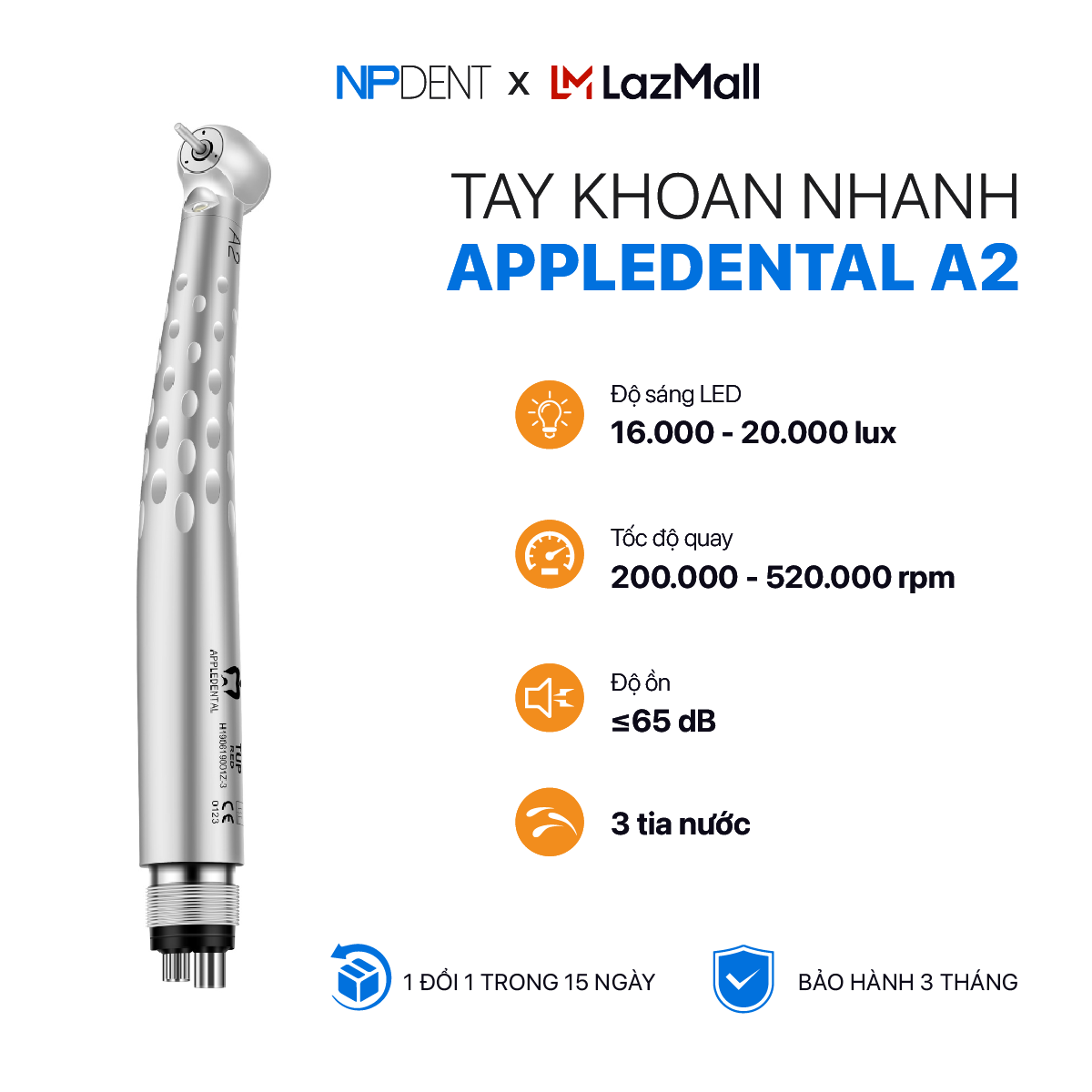 Tay khoan nhanh apple dental a2 có đèn led, tay khoan nha khoa npdent với 3 tia nước kết nối linh hoạt với mọi ghế nha - bảo hành chính hãng 3 tháng