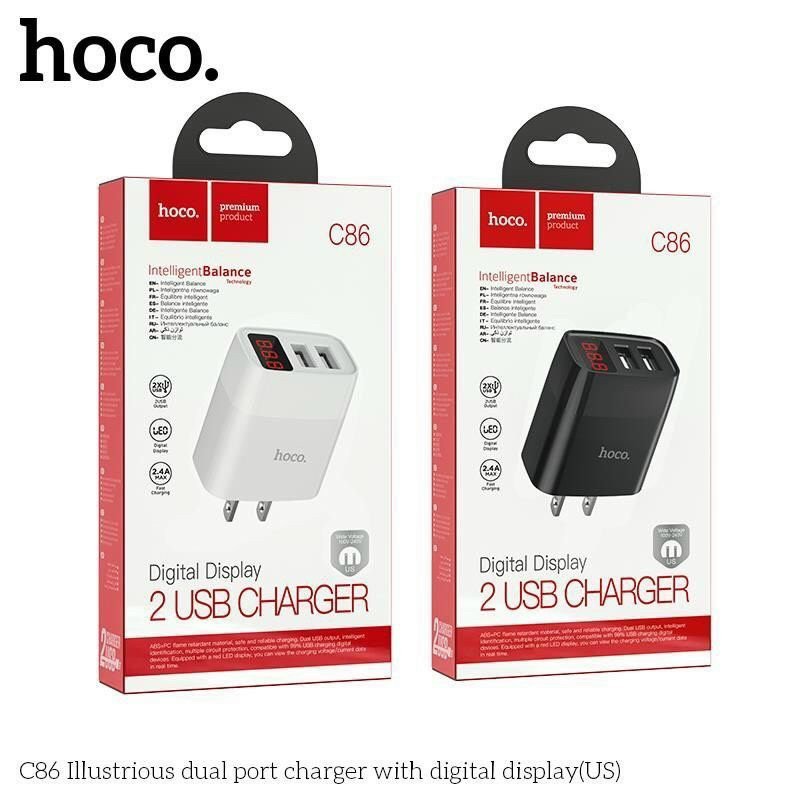 Cốc sạc nhanh / củ sạc nhanh hoco c86 / c86a 2 cổng sạc usb sạc nhanh 2.4a có màn hình led - chính hãng