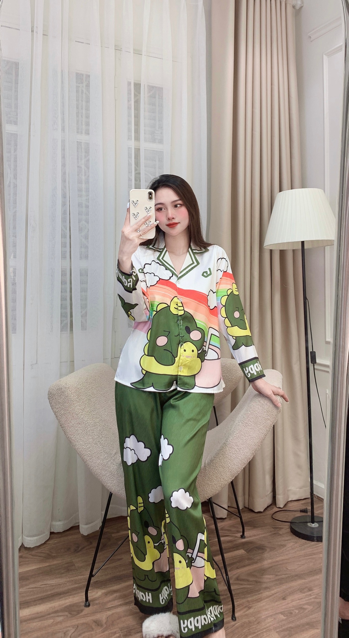 bộ pizama, Đồ bộ pizama nữ tay dài quần dài, bộ đồ pyzama nữ mặc nhà vải Vải Latin tơ tằm freesize 54kg - cn162