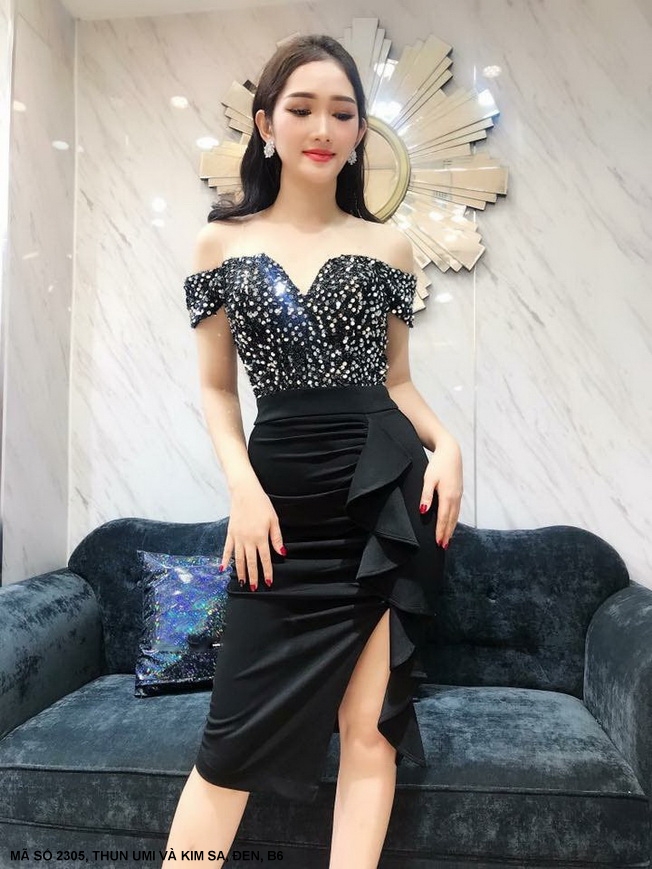 Đầm ôm trễ vai đính kim sa váy dún bèo bên eo