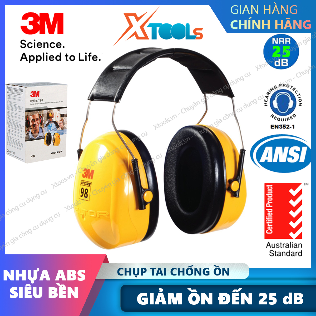 Chụp tai chống ồn 3M H9A đeo qua đầu, độ giảm ồn 25dB, ôm kín khít vành tai người dùngphone chống ồn không đau tai