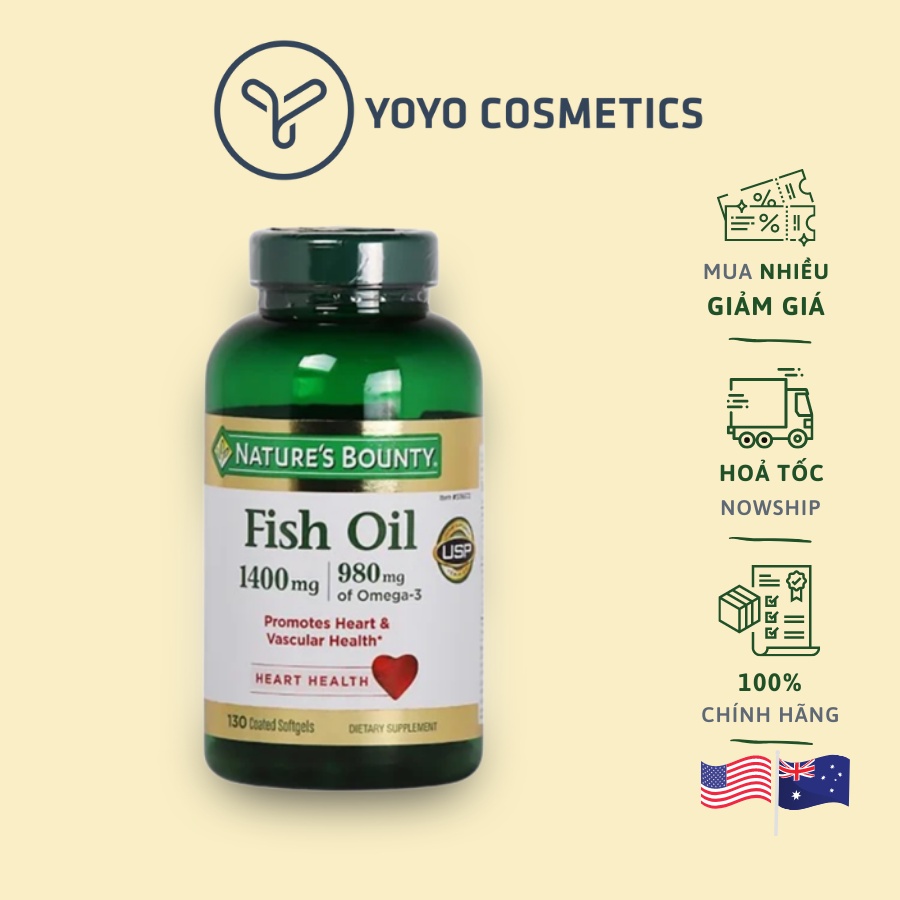 Dầu cá Omega 3 Natures Bounty Fish Oil hỗ trợ tim mạch tăng cường lưu thông máu tốt cho mắt 1400mg của Mỹ 130 viên
