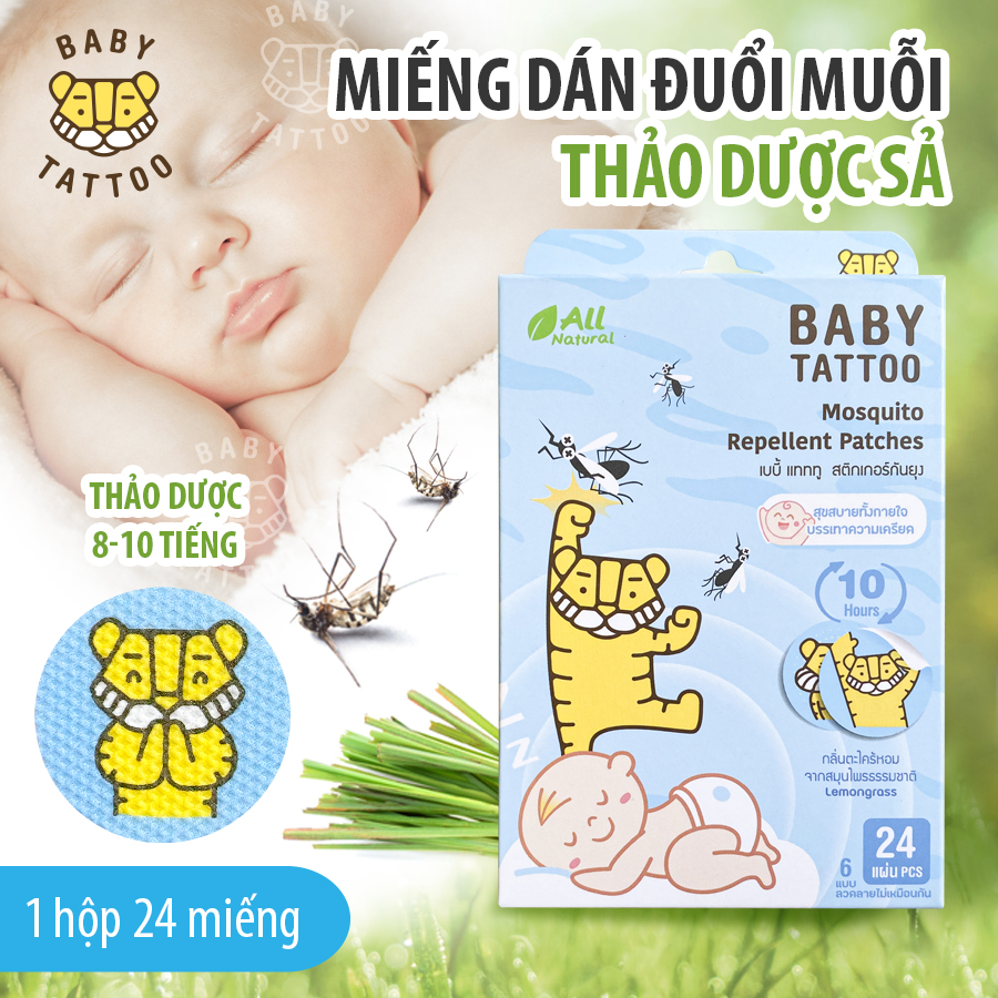 Miếng Dán Chống Muỗi, Côn Trùng Cho Trẻ Em Chiết Xuất Thiên Nhiên, Hương Thảo Dược Nhẹ Nhàng, Hộp 24 Miếng BABY TATTOO