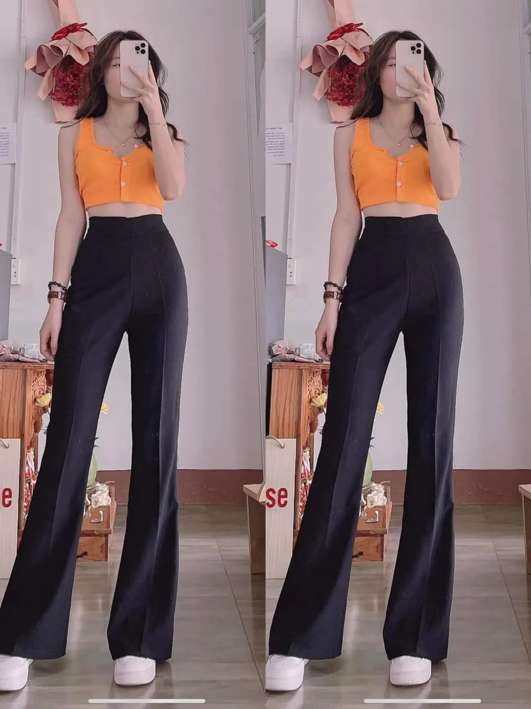 Quần tây công sở ống loe nữ cạp cao vải 1 cúc dáng dài lưng cao ôm eo màu đen