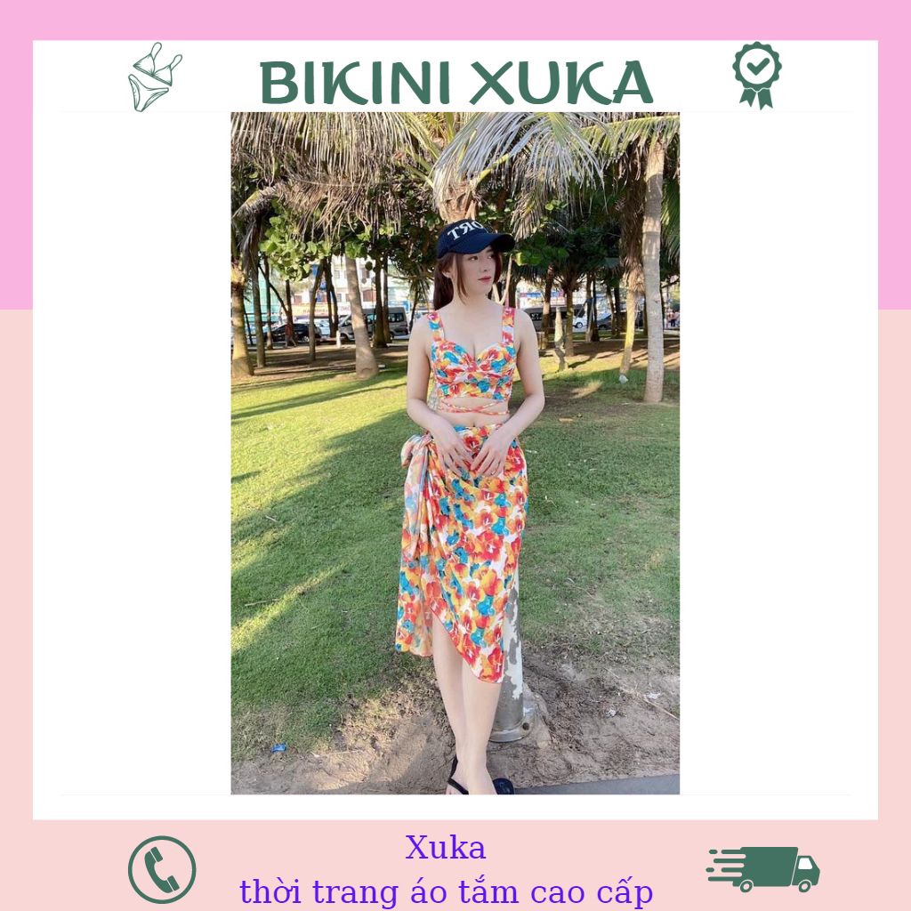 Bikini 3 mãnh, bộ bikini kèm khăn voan họa tiết hoa cam đồ bơi sexy xuka xk017