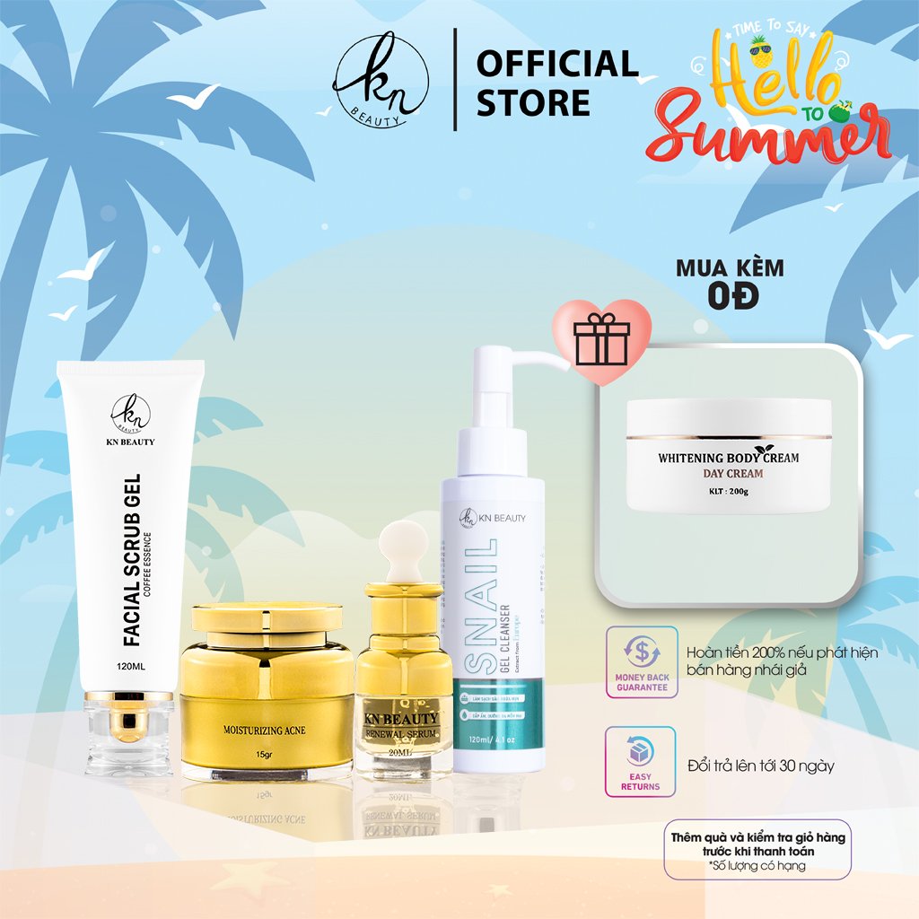Bộ 4 bước chăm sóc da Trắng sáng Ngừa mụn KN Beauty chuyên sâu: Kem dưỡng 15g + Serum 20ml+ Sữa rửa mặt 100g+ Tẩy tế bào chết 120ml (Quà Tặng Body Bơ)