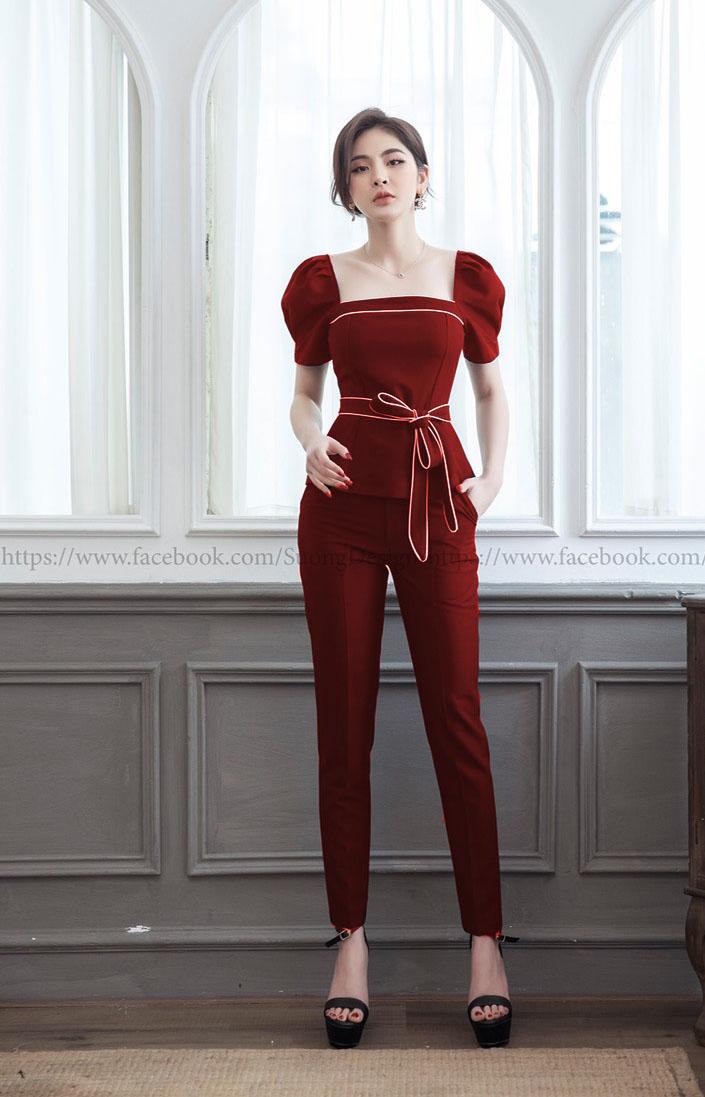 [HCM]Mẫu mới] Set đồ thun cát hàn áo tay phồng nơ eo lịch sự sang trọng