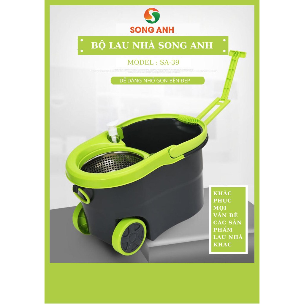 Bộ Chổi Lau Nhà Xoay 360 Độ Song Anh Cao Cấp Có Bánh Xe Di Chuyển (Tặng Kèm 2 Bông Lau)