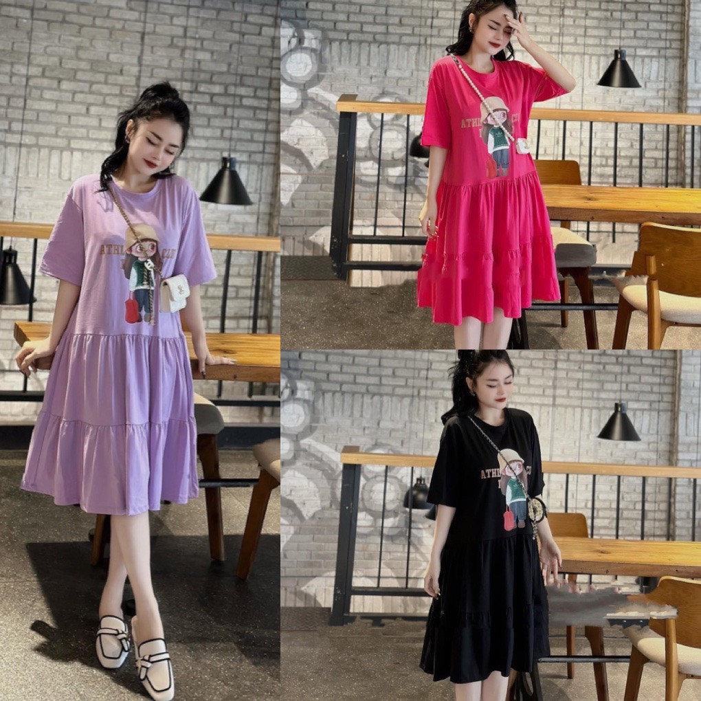 Váy ba tầng đầm babydoll ba tầng in hình cô gái đội mũ chất cotton from rộng