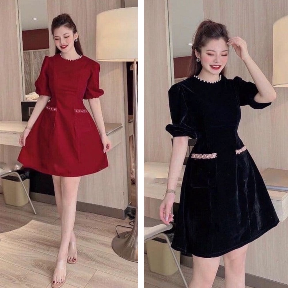 [HCM]Váy nhung xòe cổ đính ngọc tôn dáng đầm dự tiệc đầm nữ sang chảnh [Ảnh thật] hàng sẵn tại Hana Store