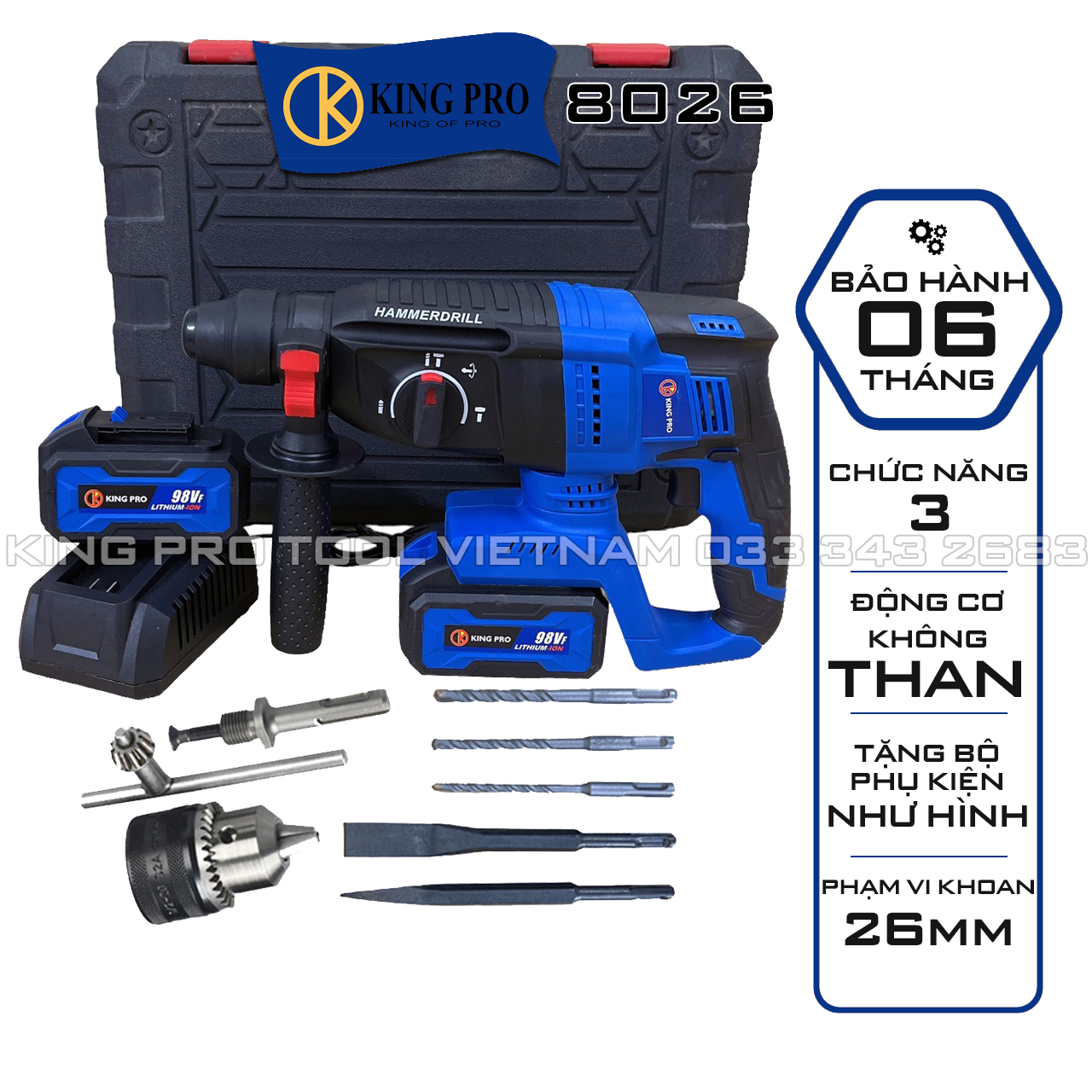 Máy khoan bê tông pin king pro 8026 tặng 5 mũi+đầu kẹp 13ly sắt 3 chức năng, động cơ bền bỉ mạnh mẽ