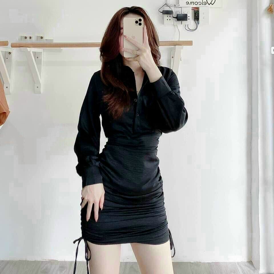 Đầm nữ, đầm sơ mi body rút dây 2 bên hông