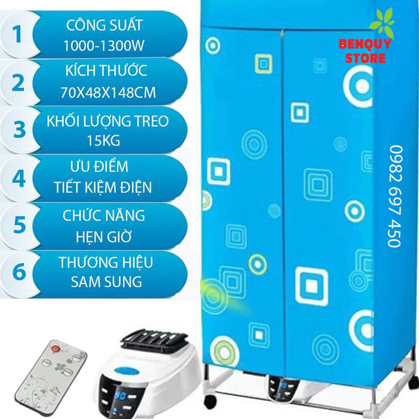 Tủ Sấy Quần Áo 2 Tầng Diệt Khuẩn Công Suất Lớn 1300W, Có Điều Khiển Từ Xa