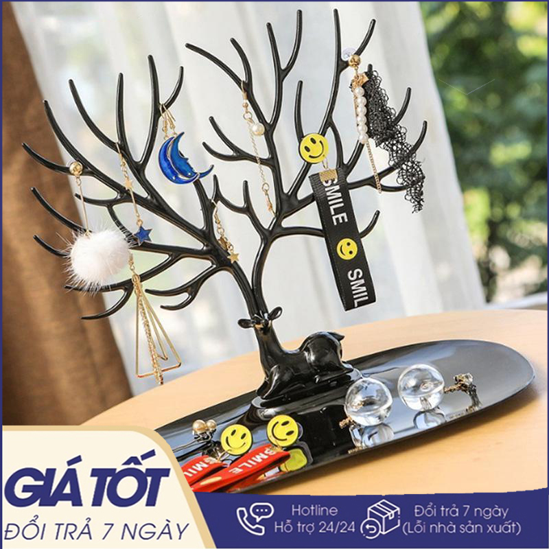 Cây treo trang sức phụ kiện, cây treo đồ trang sức để bàn, cây treo đồ trang sức hình hươu - Gương trang điểm để bàn tai mèo dễ thương xoay 360 độ có giá treo đồ trang sức (Phân loại màu)