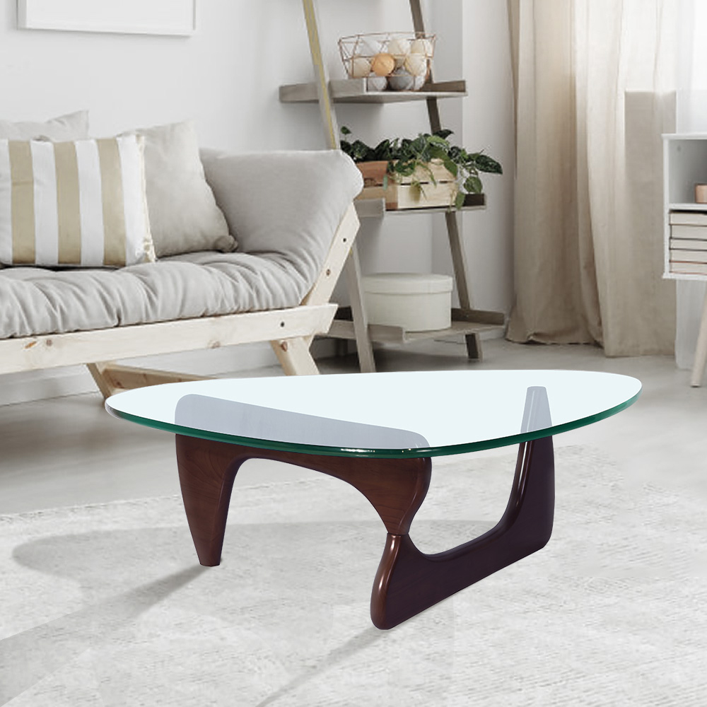 Bàn trà, bàn sofa phòng khách IBIE Noguchi mặt kính cường lực 13ly, chân xoay gỗ ash, tùy chọn kích thước, màu sắc, phong cách hiện đại, sang trọng