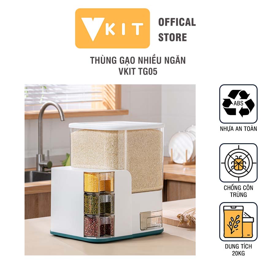Thùng đựng gạo nhiều ngăn thông minh vkit- sức chứa 20kg: 15 kg gạo và 5kg ngũ cốc tg05