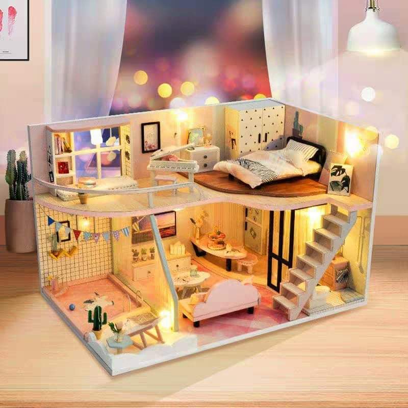 Kèm mica và keo dán - mô hình nhà gỗ lắp ráp búp bê diy - td30 a pink memory time