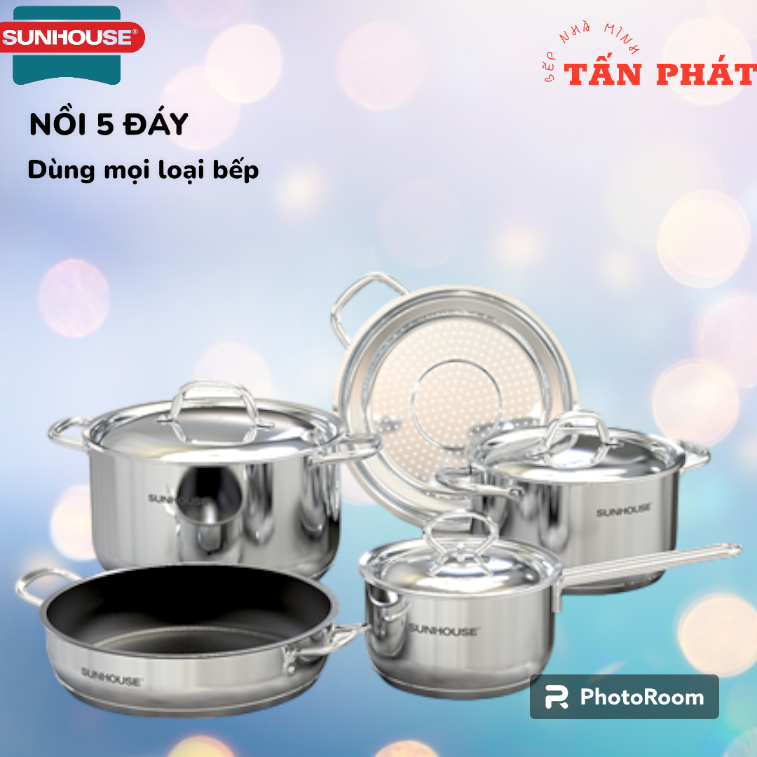 Bộ nồi chảo inox 5 món SUNHOUSE SHG995 đáy từ 5 lớp dùng trên mọi loại bếp