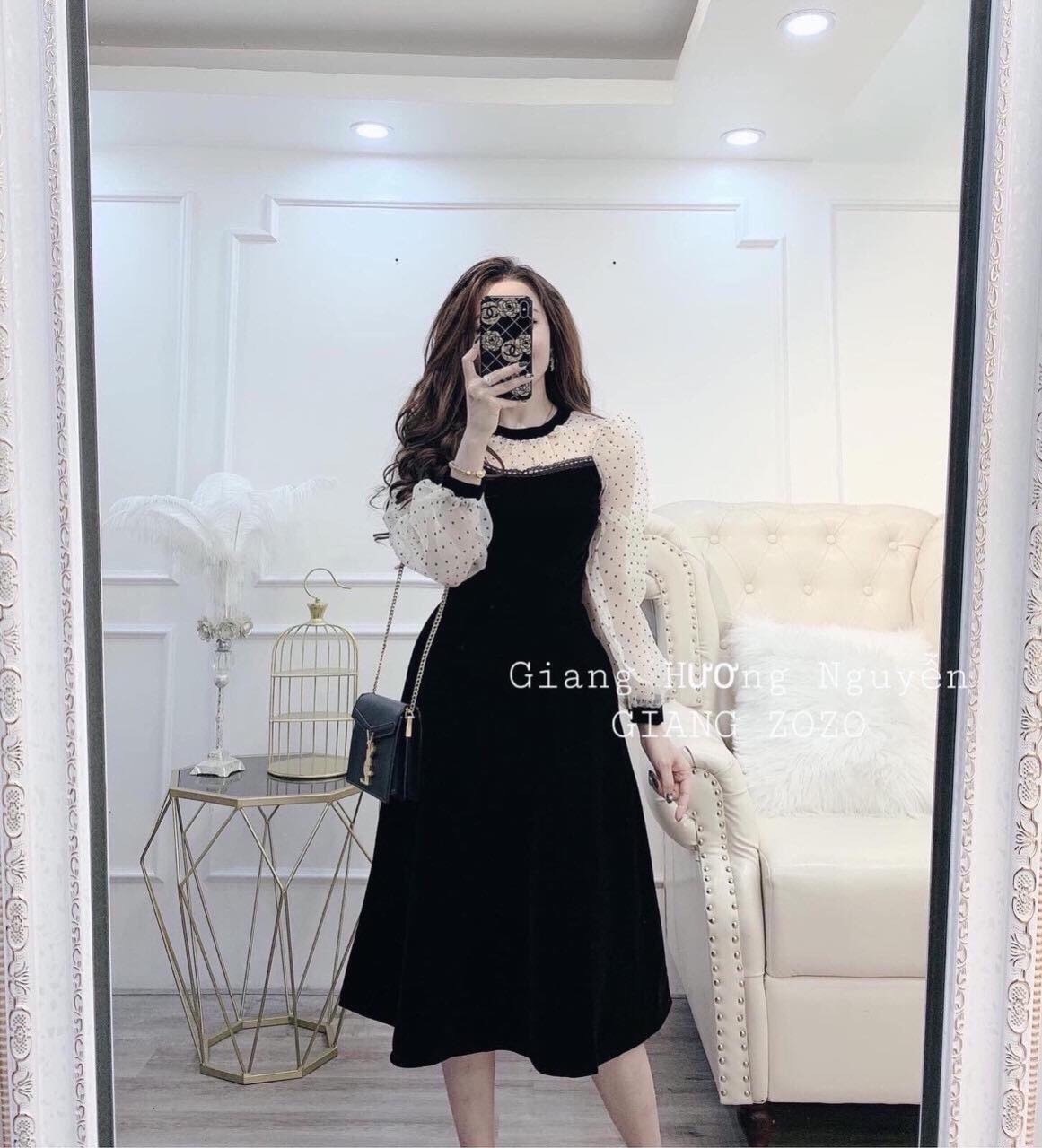 Đầm nữ đi tiệc tay dài chấm bi chất umi phối lưới 2 màu đỏ đen kèm hình thật kimhoa77