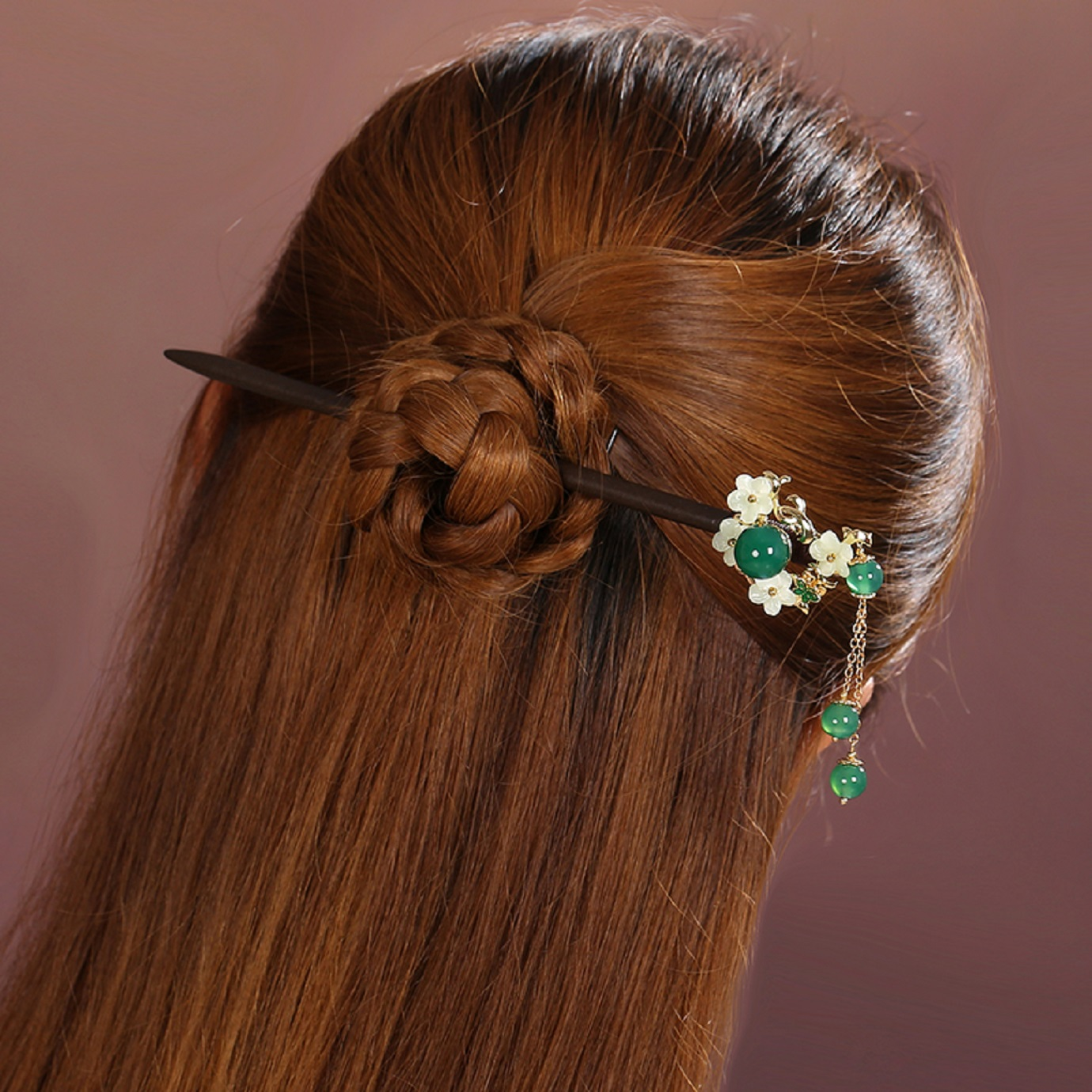 TD005 Trâm cài tóc thân gỗ đính đá mã não xanh, phong cách cổ điển, phong cách cổ trang
