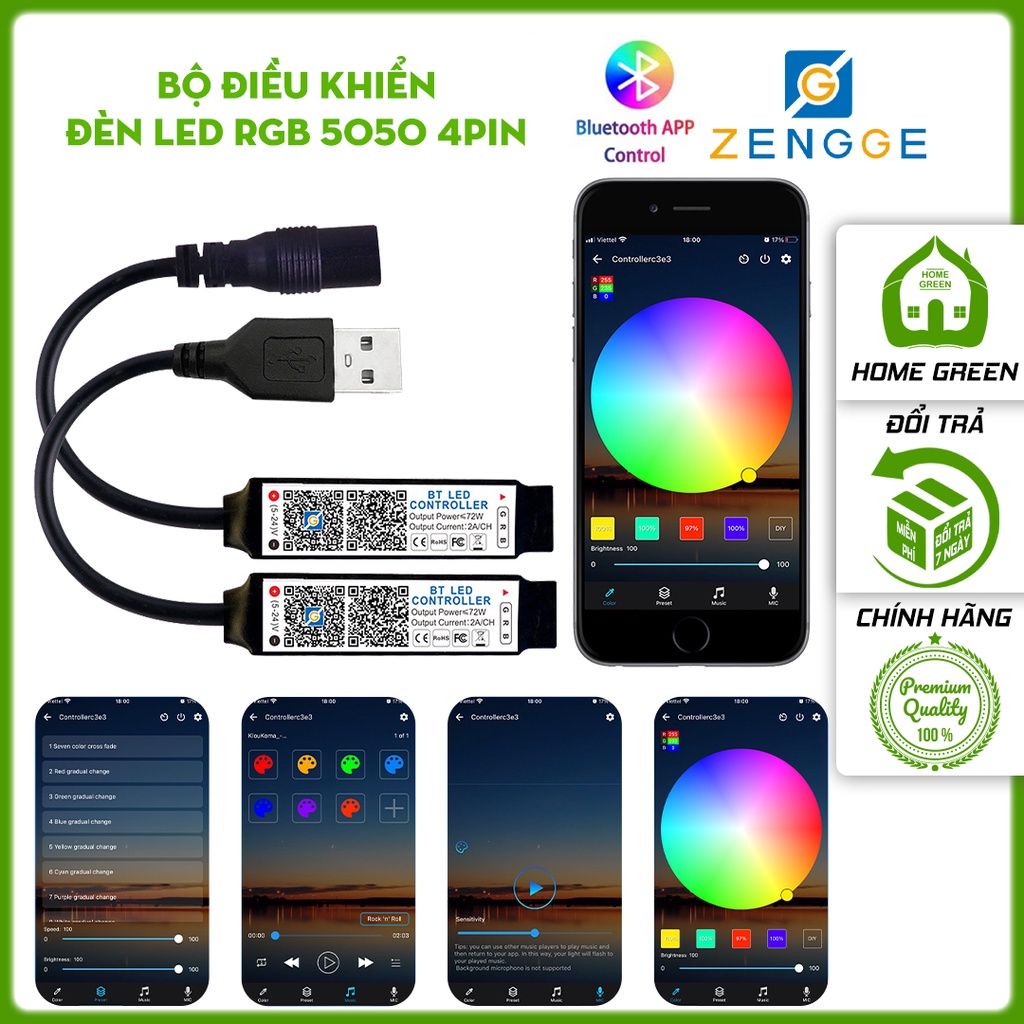 Bộ điều khiển đèn led rgb 5050 4pin usb, dc 5-24v điều khiển qua app