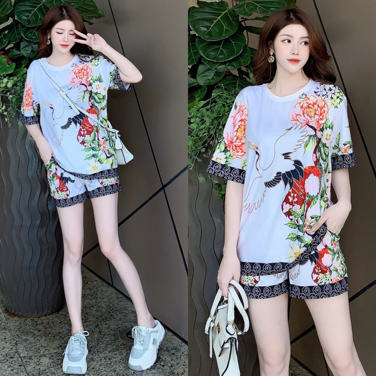 Set bộ đùi thun lạnh form rộng in họa tiết chim hạc màu trắng sang trọng sạch mát