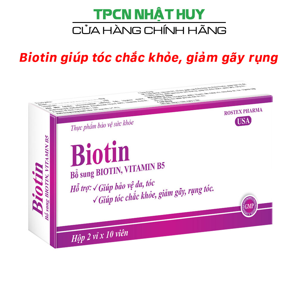 Viên uống Biotin 5mg, Vitamin B5 hỗ trợ giảm gãy rụng tóc, giúp tóc chắc khỏe, mọc nhanh - Hộp 20 viên