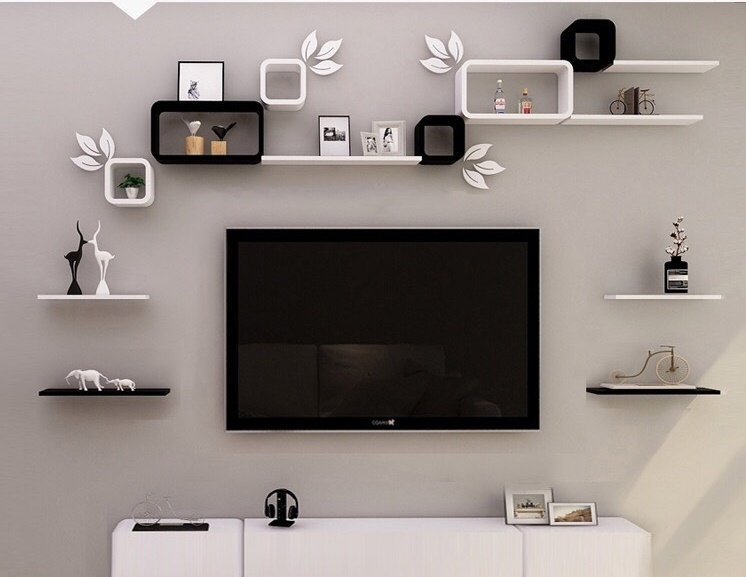 [HCM]Decor Kệ Treo Tường Trang Trí Xung Quanh Tivi Hiện Đại Gỗ Lõi Xanh Chống Ẩm Cao Cấp + Tặng Lá Gỗ 3D.