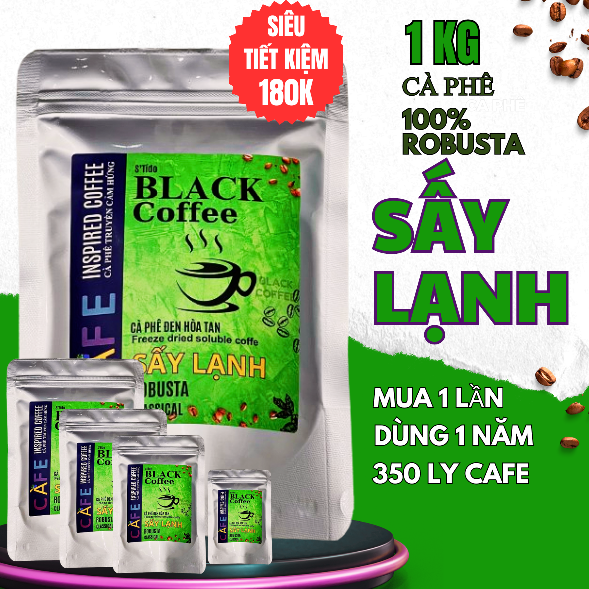 1KG Cà phê đen Sấy lạnh Black coffee, cafe đen hòa tan nguyên chất 100% Robusta