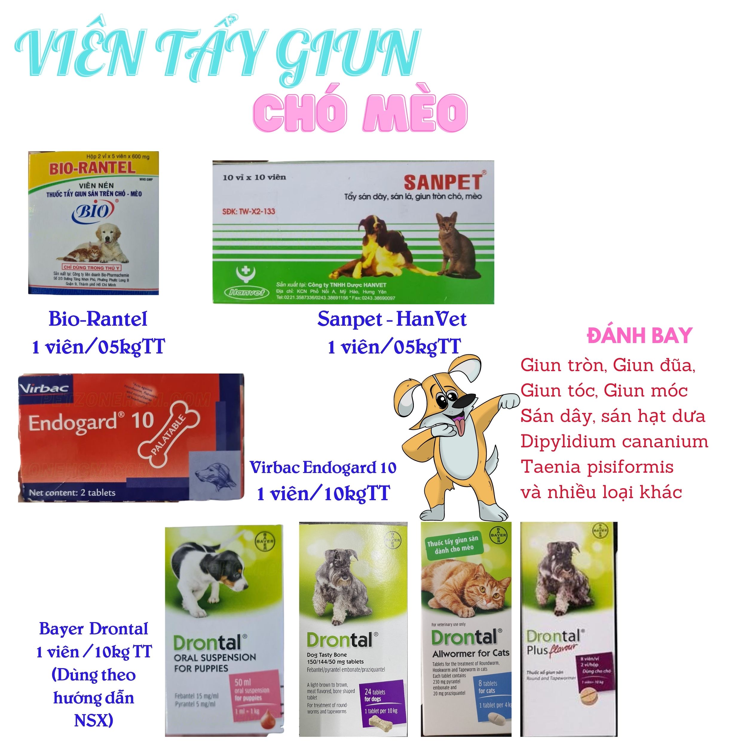 Viên tẩy giun rantel, sanpet, endogard 10, drontal, tẩy sạch các loại giun tròn, giun đũa, giun tóc,giun tim, sán lá, sán dây, xổ lãi cho chó mèo
