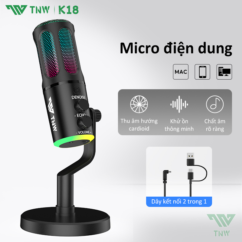 TNW K18 micrô thu âm RGB USB Condenser Micro Livestream Thu Âm Chuyên Nghiệp Micro để bàn Micro ngưng tụ