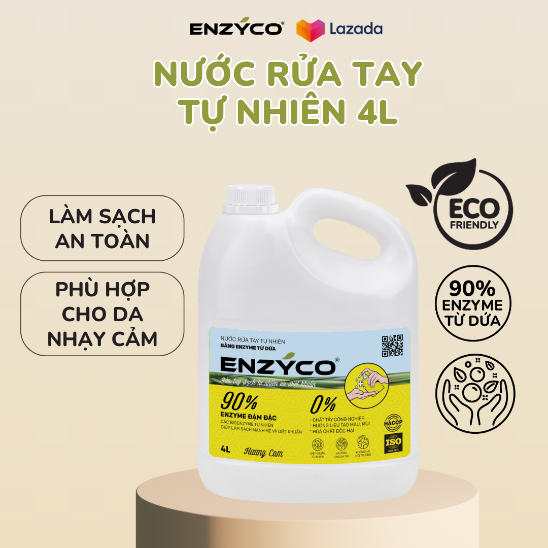 Nước rửa tay sinh học ENZYCO can 4L - 90% Enzyme từ dứa giúp làm sạch mạnh mẽ, diệt khuẩn, bảo vệ da tay, mềm da - Hương cam