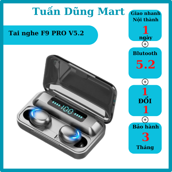 Tai nghe Bluetooth TWS F9 V5.1 cảm ứng phiên bản mới cao cấp pro tăng giảm âm lượng trên tai nghe - Hàng nhập khẩu