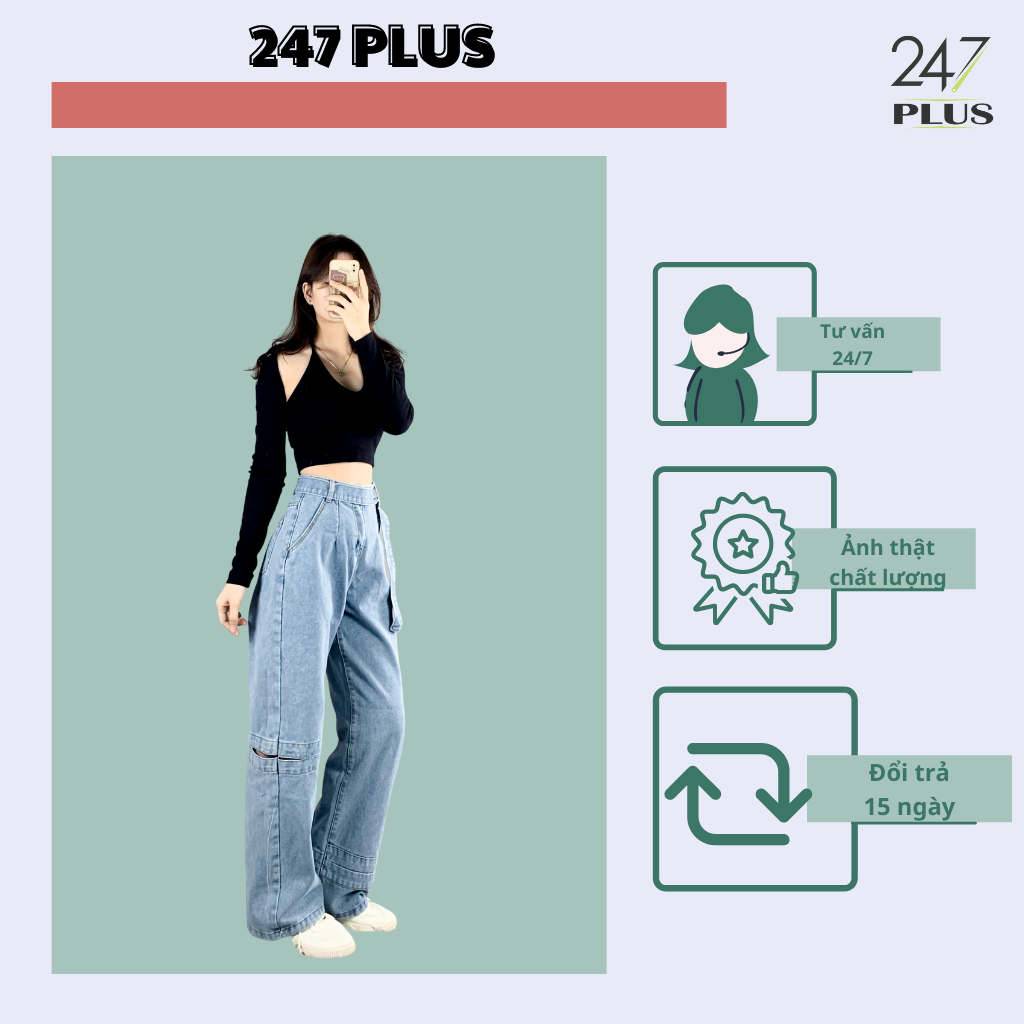 Quần jean suông dây chéo 1 bên nối chân 247plus