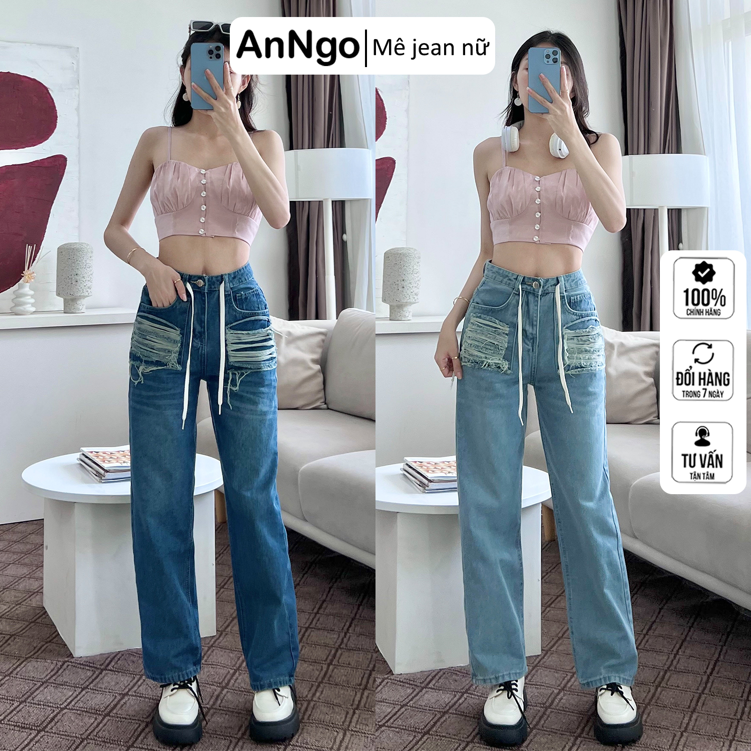Quần jean baggy nữ túi rách độc lạ, thời trang AnNgo - AT264